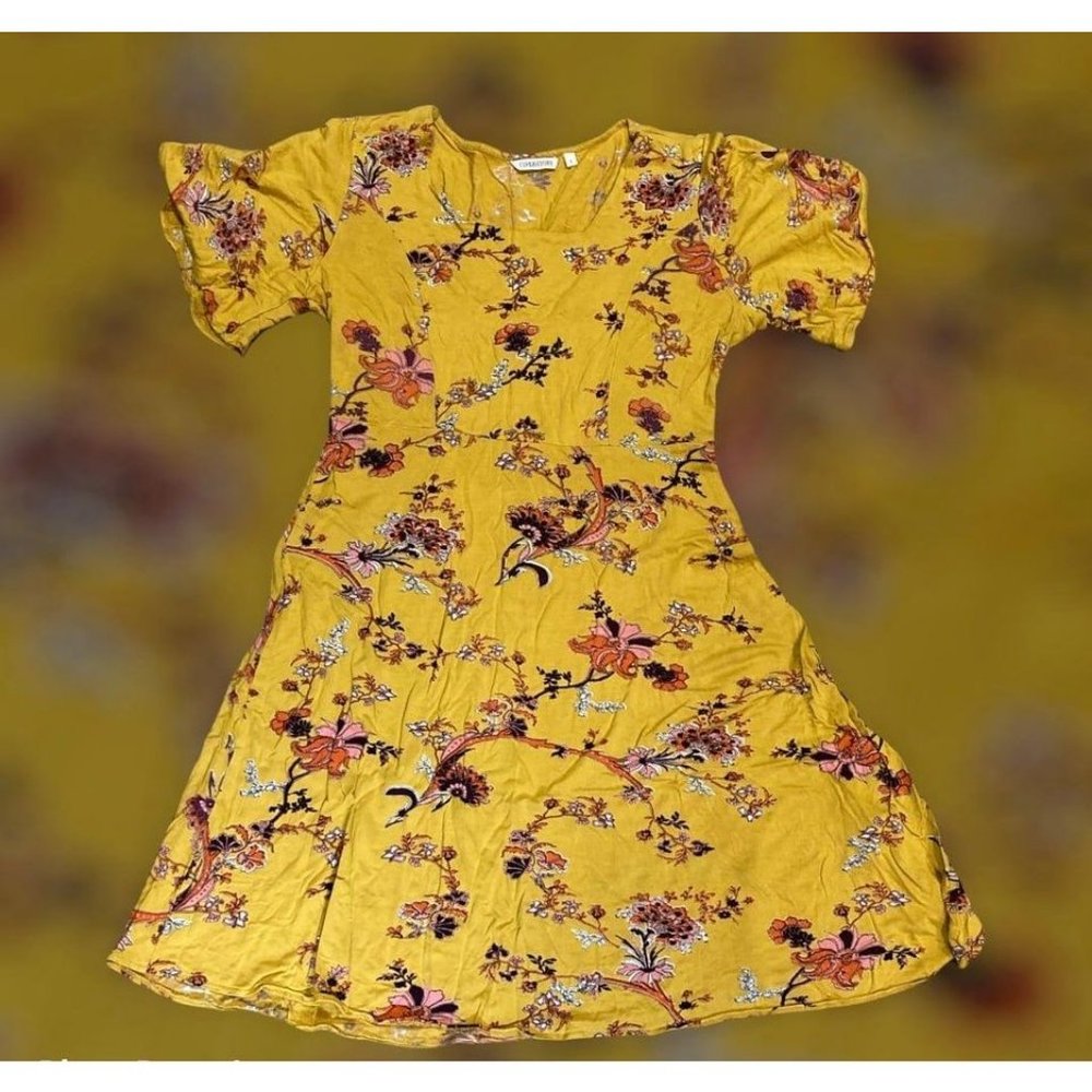 Boho Festival Flowy Mustard Yellow Floral Dress S